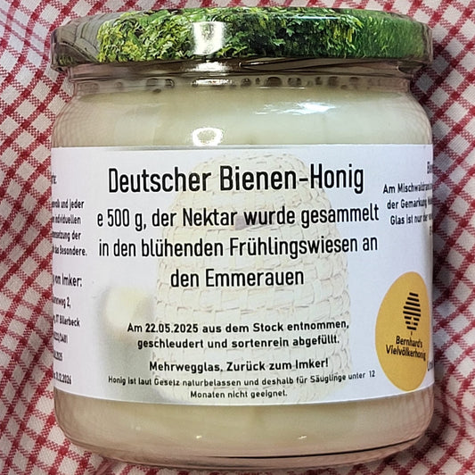 Naturreiner Bienen-Honig gesammelt in den blühenden Frühlingswiesen an den Emmerauen von Bienenvolk Erna 500g