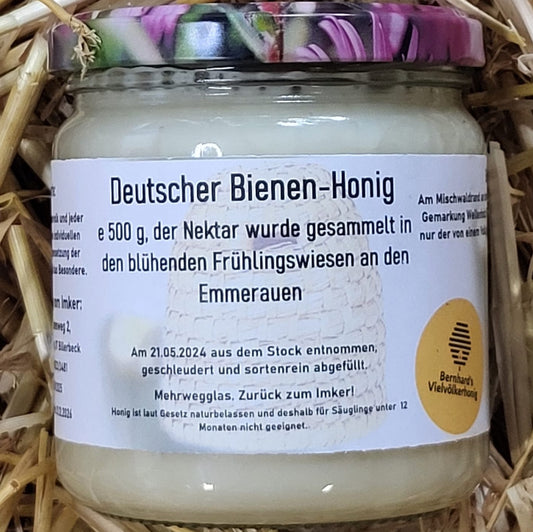 Naturreiner Bienenhonig gesammelt in den blühenden Frühlingswiesen an den Emmerauen von Bienenvolk Erle 500g