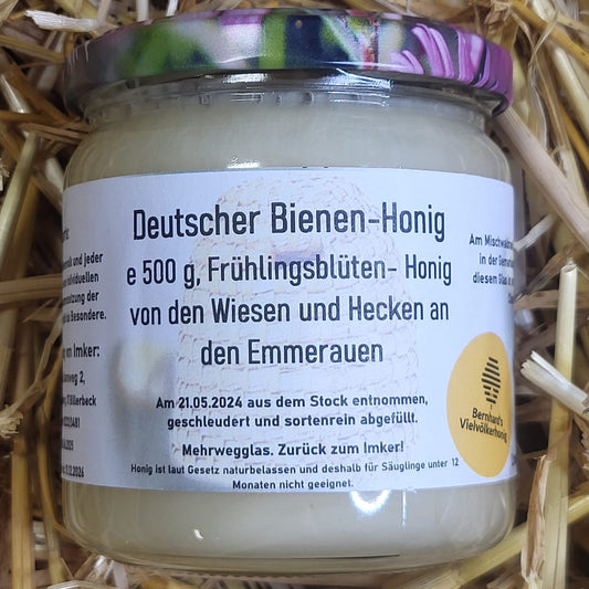 Naturreiner Frühlingsblütenhonig von Wiesen und Hecken an den Emmerauen von Bienenvolk Eike 500g
