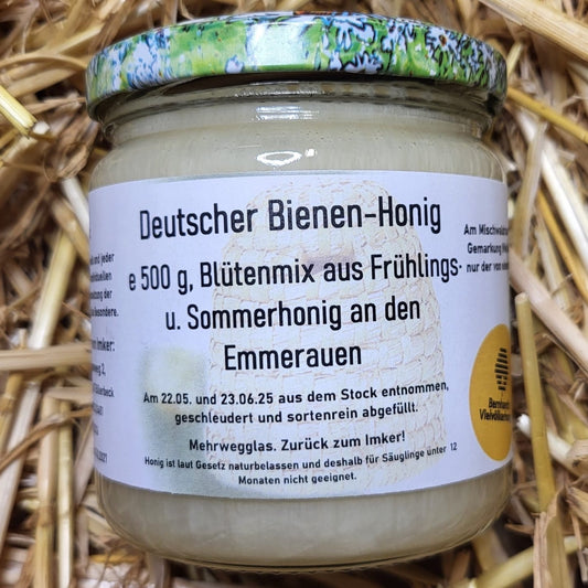 Naturreiner Bienen-Honig Blütenmix aus Frühlings- u. Sommerhonig an den Emmerauen 500g