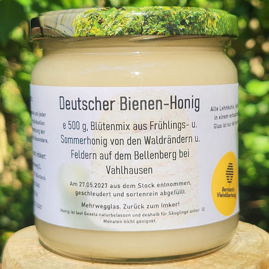 Naturreiner Blütenmix aus Frühlings- und Sommerhonig von den Waldrändern und Feldern auf dem Bellenberg bei Vahlhausen 500g