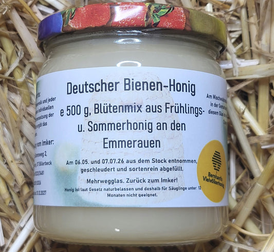 Naturreiner Bienen-Honig Blütenmix aus Frühlings- u. Sommerhonig an den Emmerauen 500g