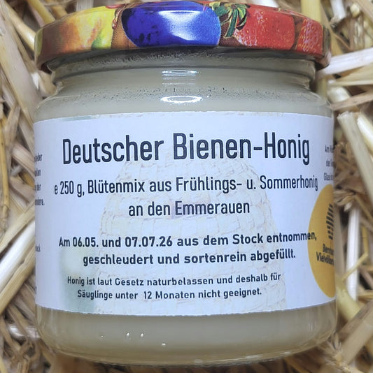 Naturreiner Bienen-Honig Blütenmix aus Frühlings- u. Sommerhonig an den Emmerauen 250g
