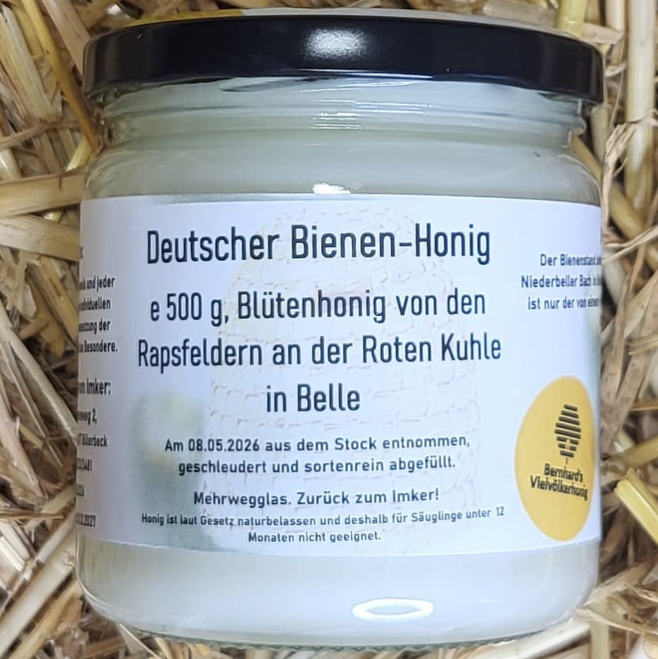 Naturreiner Blütenhonig von den Rapsfeldern in der Roten Kuhle in Belle 500g
