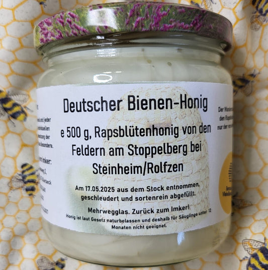 Naturreiner karamelliger Rapsblütenhonig von den Feldern am Stoppelberg bei Steinheim/Rolfzen 500g